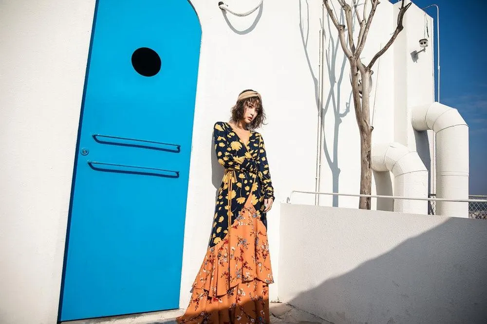 2024Vintage Floral Full Sleeve V-Neck Dress