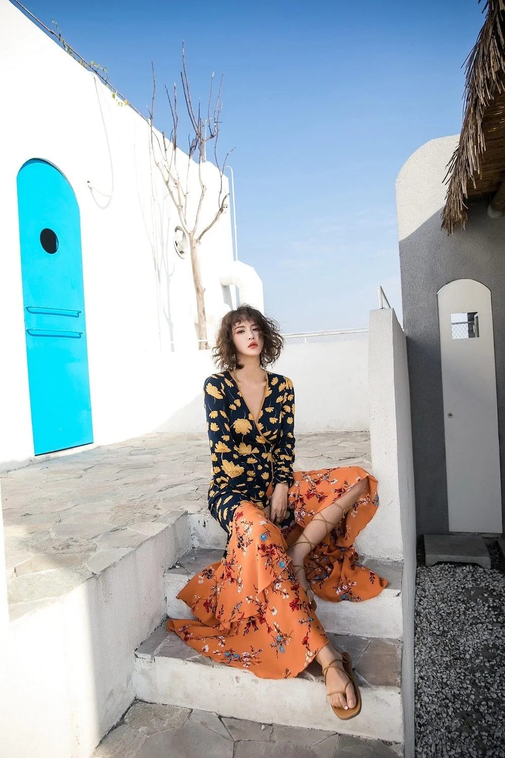 2024Vintage Floral Full Sleeve V-Neck Dress
