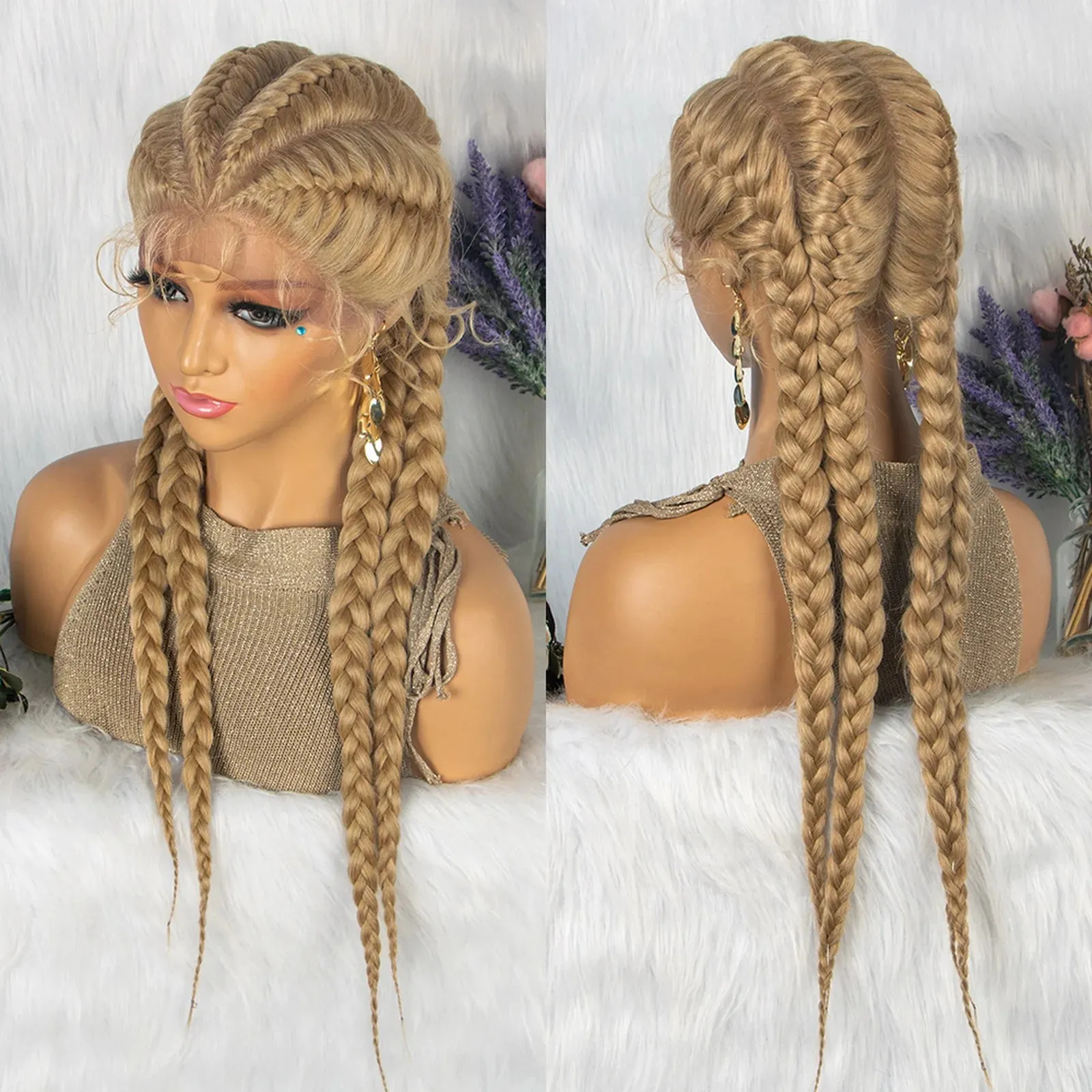 26 Inches Short Braids Lace Frontal Wig Synthetic 4 Braid Wig with Baby Hair
