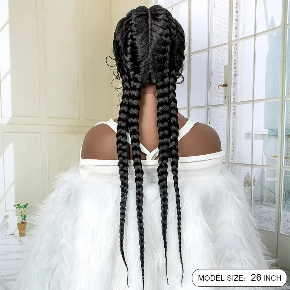 26 Inches Short Braids Lace Frontal Wig Synthetic 4 Braid Wig with Baby Hair