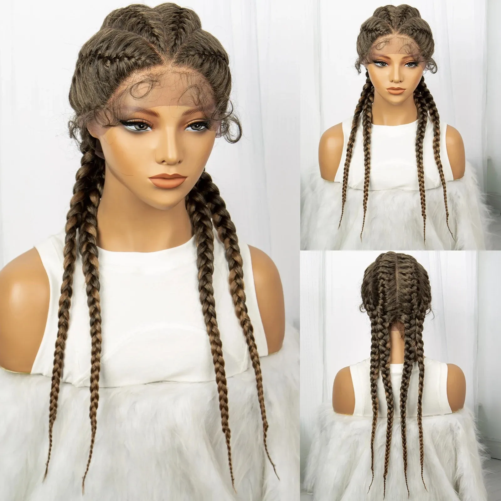 26 Inches Short Braids Lace Frontal Wig Synthetic 4 Braid Wig with Baby Hair