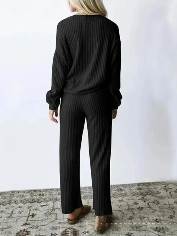 2Pcs Drawstring Ribbed Long Sleeve Outfit
