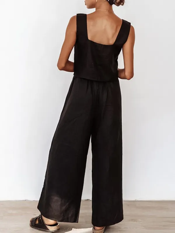 2Pcs Sleeveless Crop Top Linen Loungewear