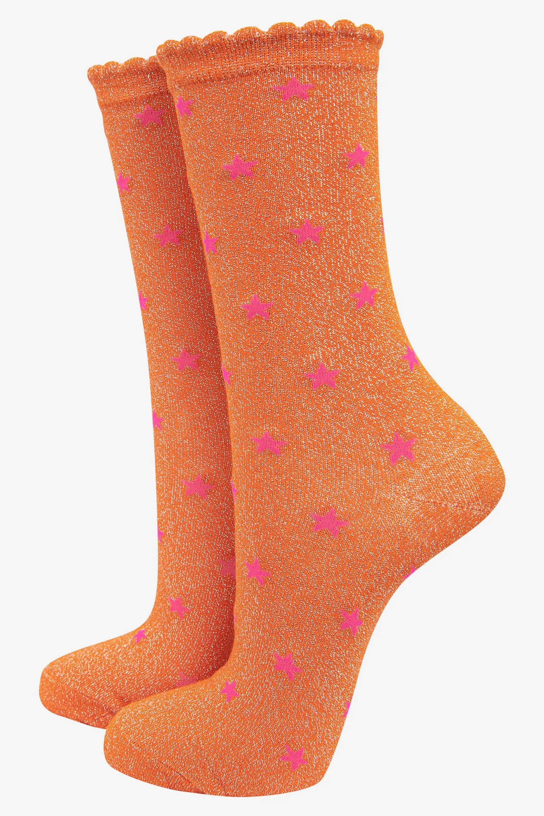 4457OPI1 Orange Glitter Star Print Bamboo Socks