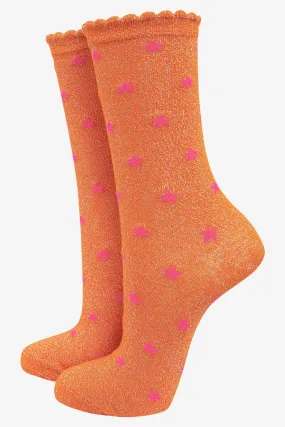 4457OPI1 Orange Glitter Star Print Bamboo Socks