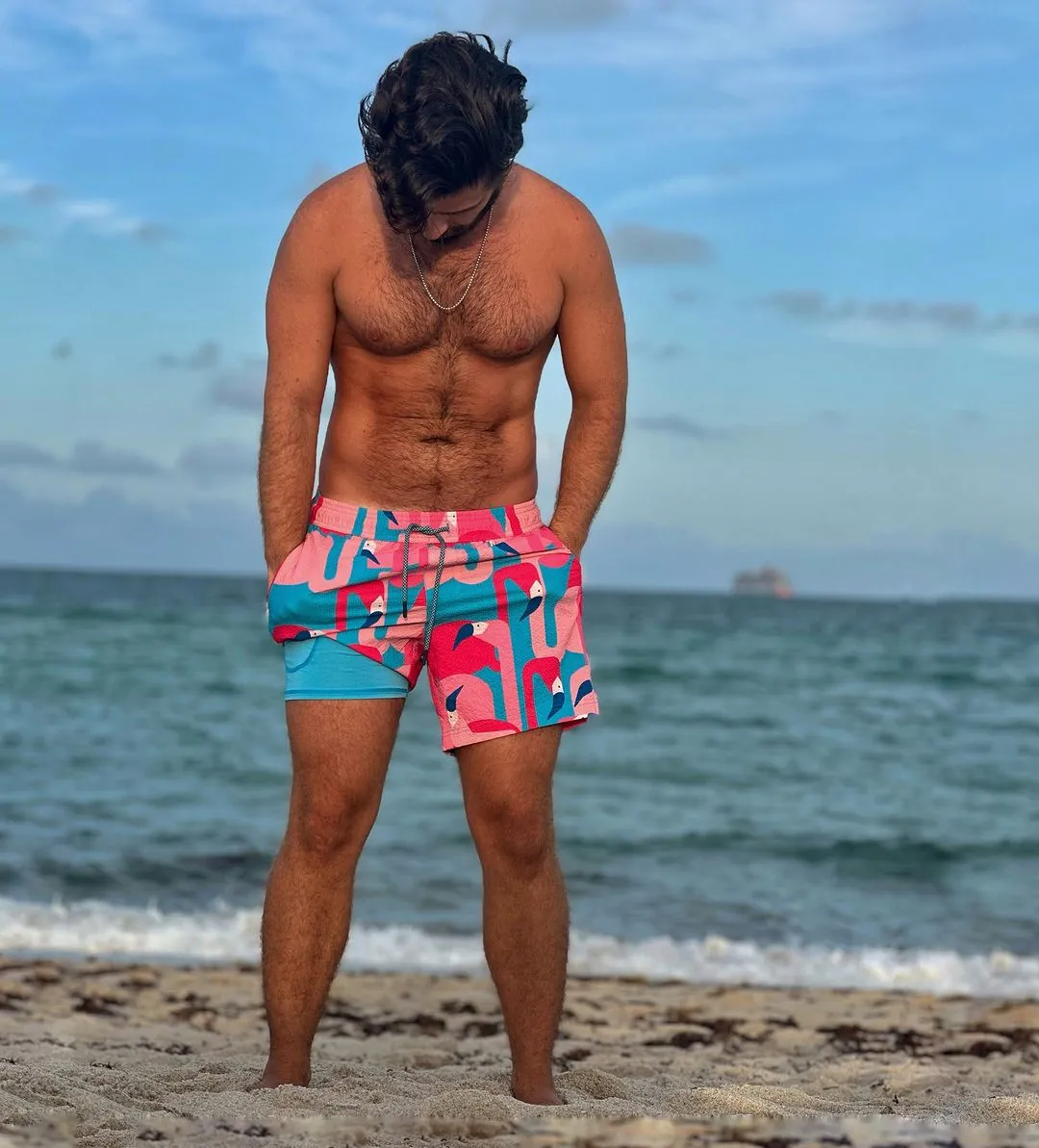 5.5 Inseam 2 in 1 Seersucker Short Liner Flamingo Pink Swim Shorts