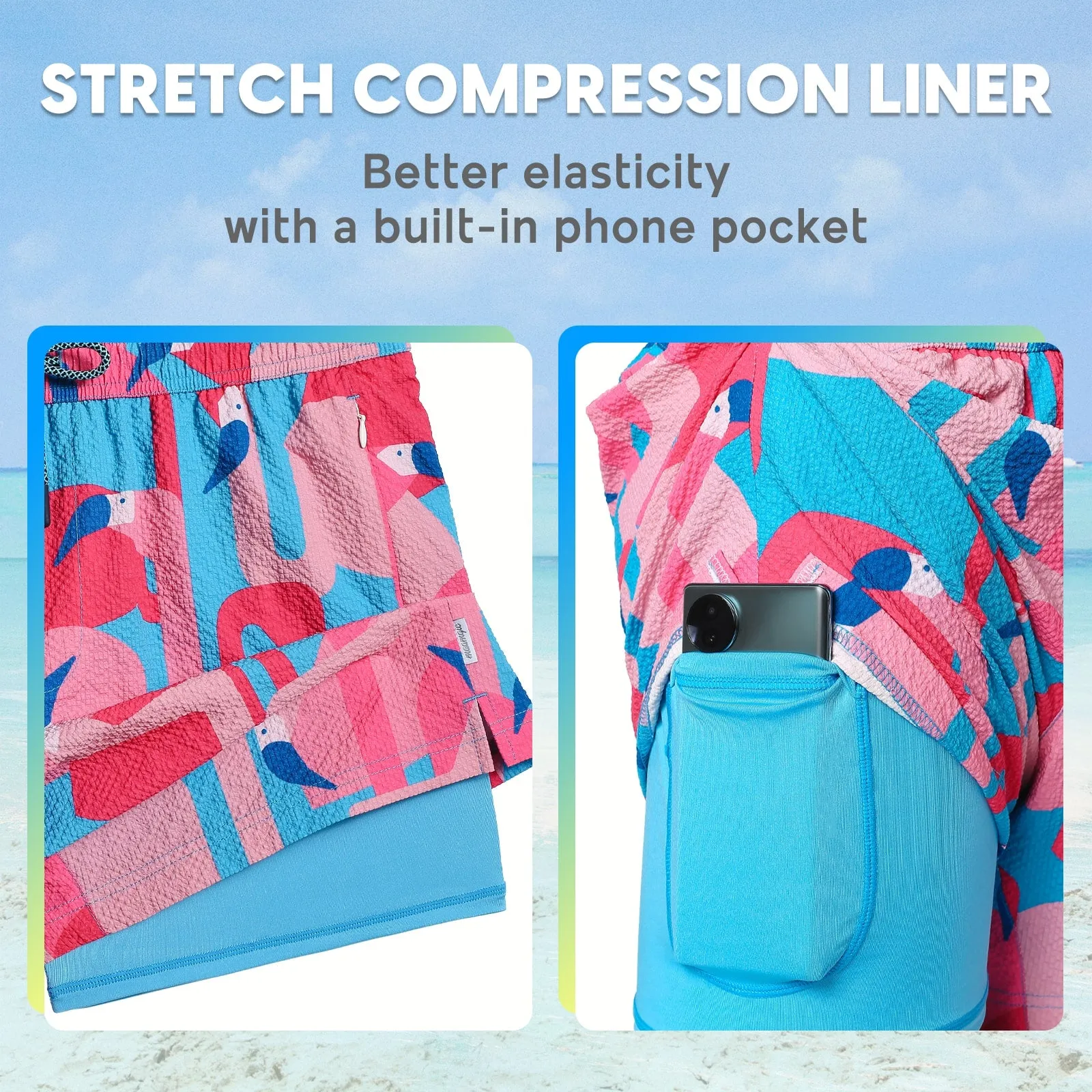 5.5 Inseam 2 in 1 Seersucker Short Liner Flamingo Pink Swim Shorts