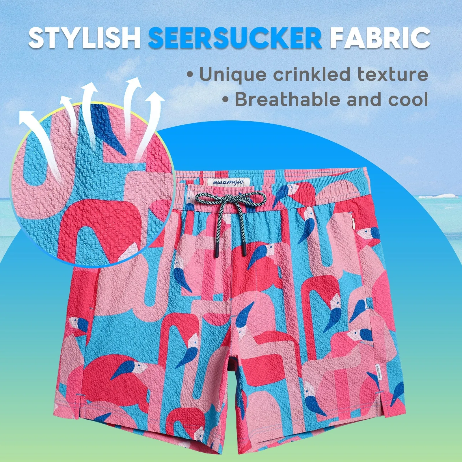 5.5 Inseam 2 in 1 Seersucker Short Liner Flamingo Pink Swim Shorts