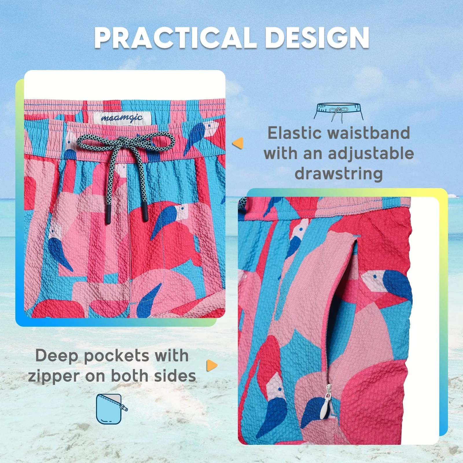 5.5 Inseam 2 in 1 Seersucker Short Liner Flamingo Pink Swim Shorts