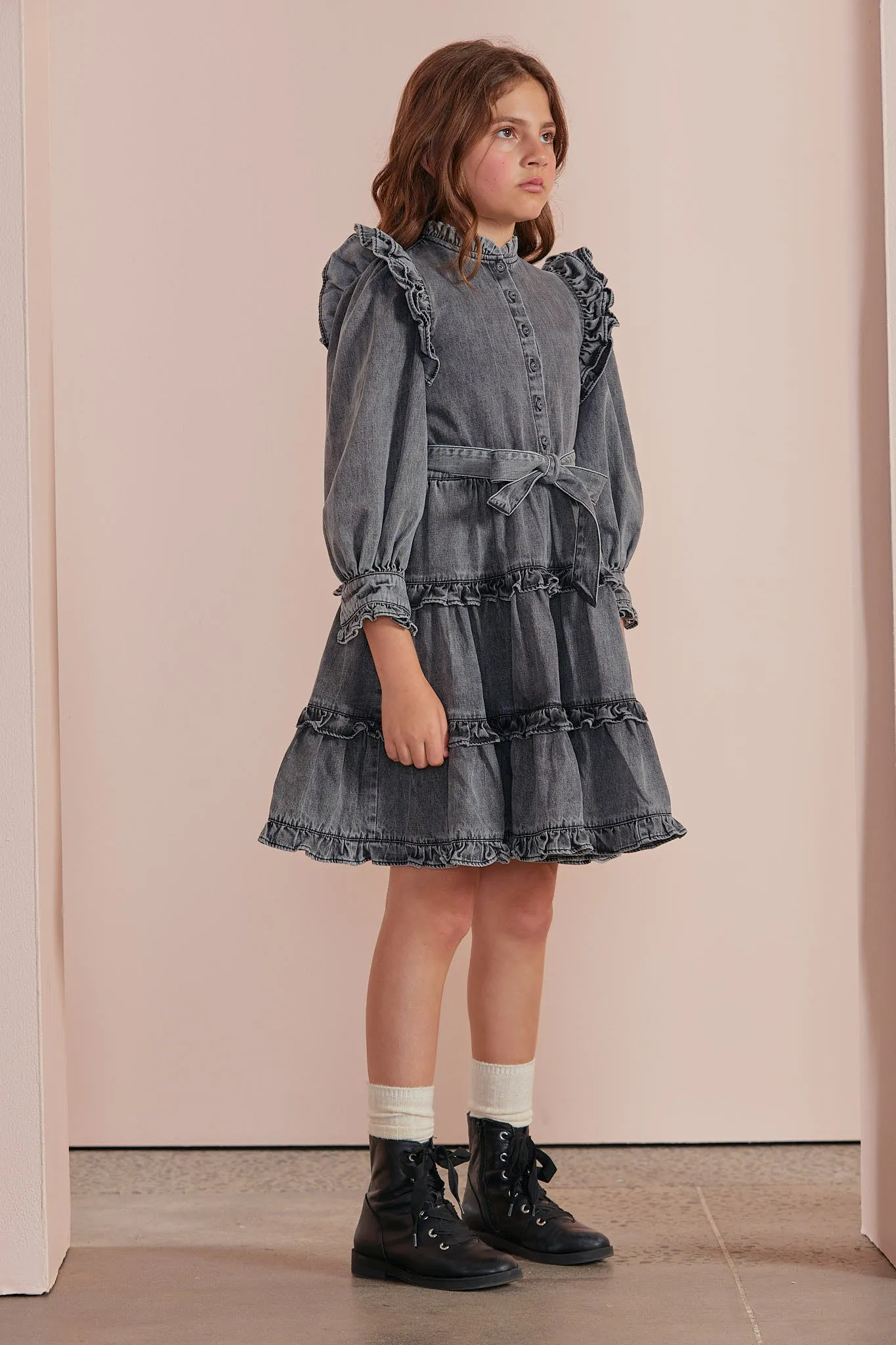 8075D-Chambray Ruffle Shoulder Midi Dress-Black Chambray