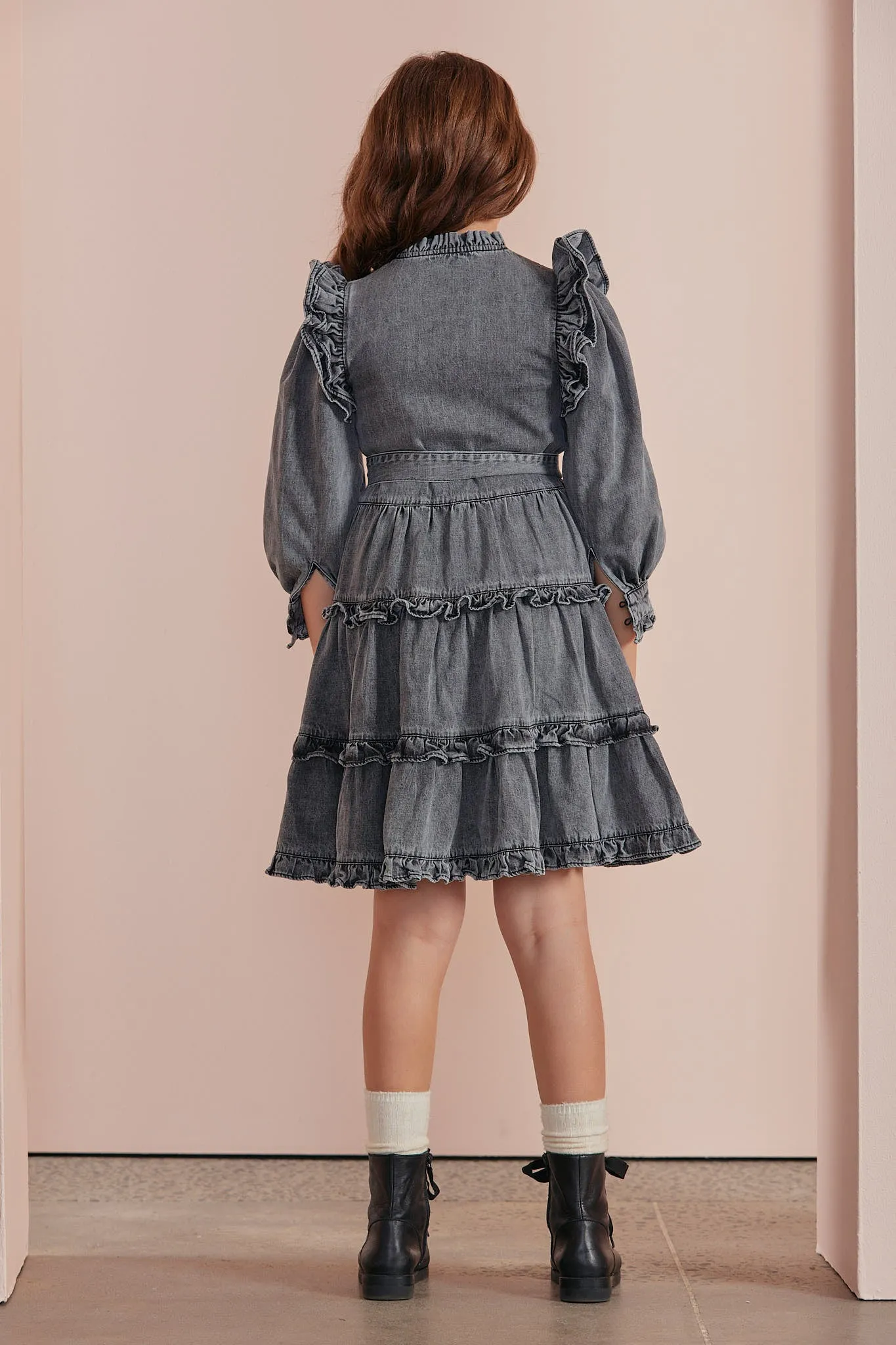 8075D-Chambray Ruffle Shoulder Midi Dress-Black Chambray