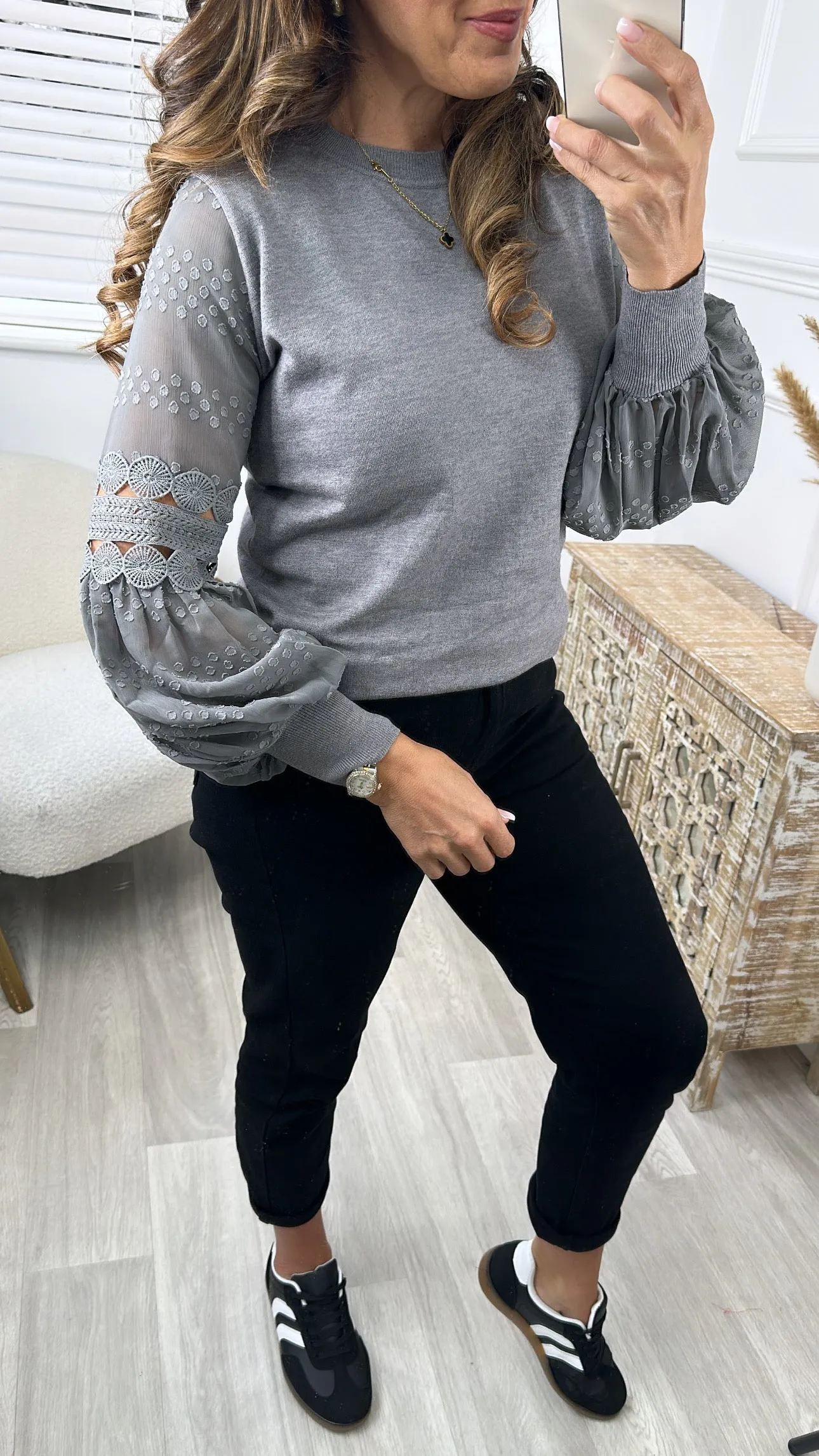 Anima Lace Detail Sheer Puff Sleeve Pullover