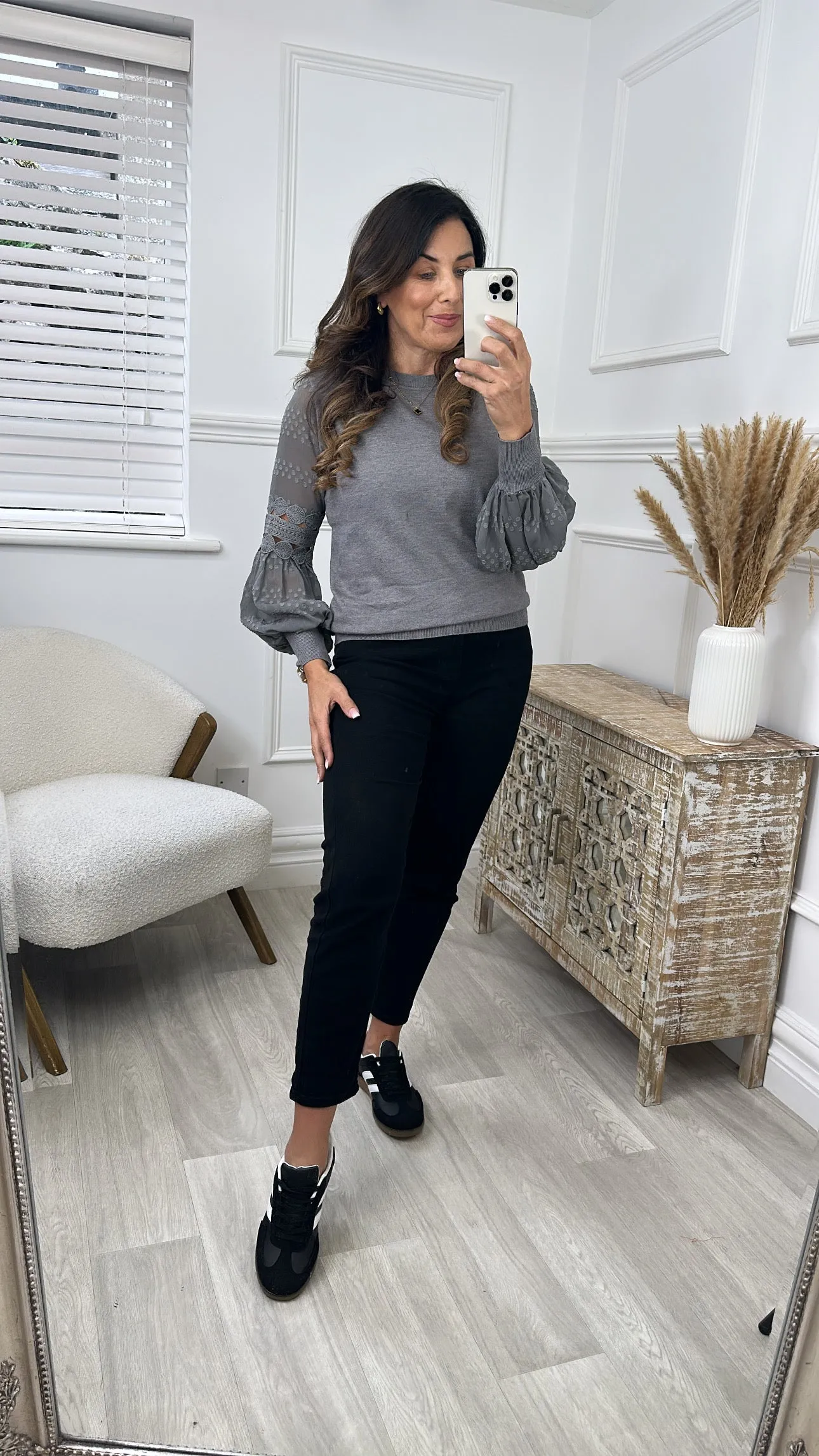 Anima Lace Detail Sheer Puff Sleeve Pullover