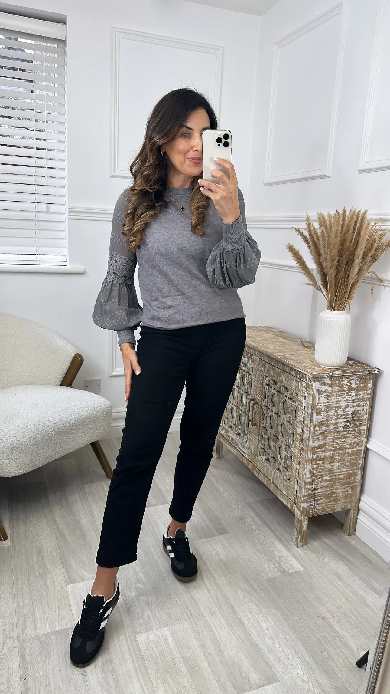 Anima Lace Detail Sheer Puff Sleeve Pullover