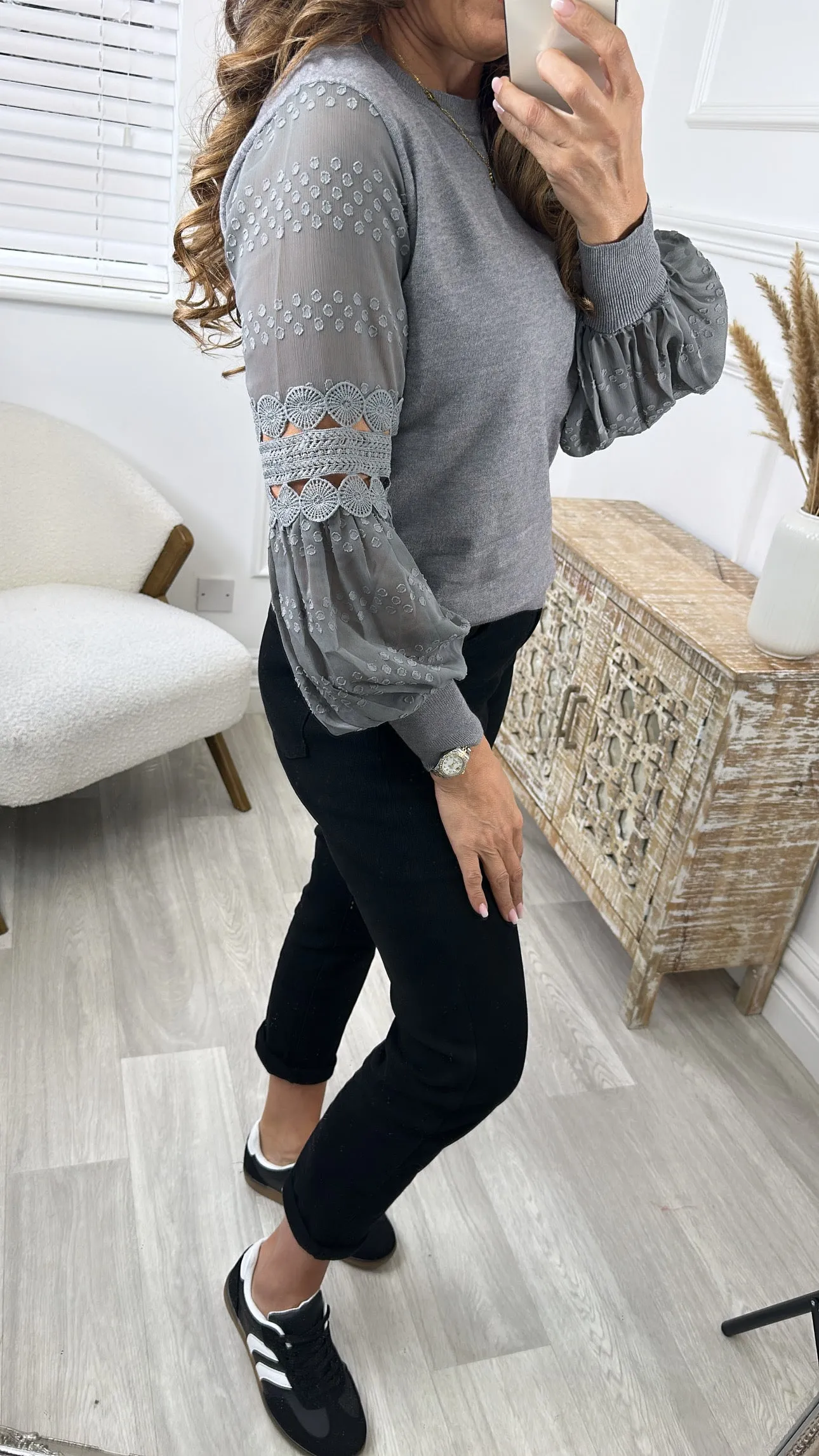 Anima Lace Detail Sheer Puff Sleeve Pullover