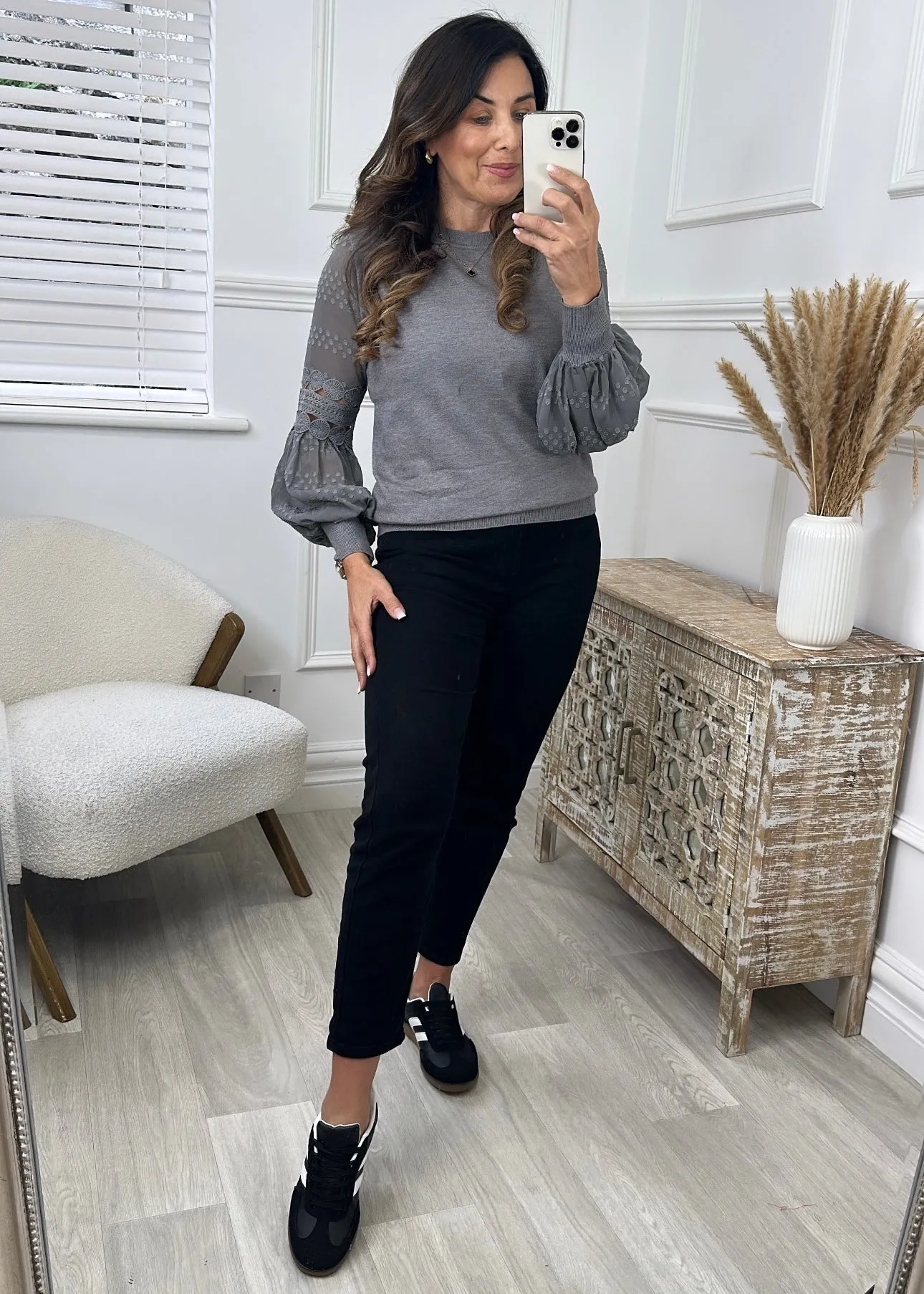 Anima Lace Detail Sheer Puff Sleeve Pullover