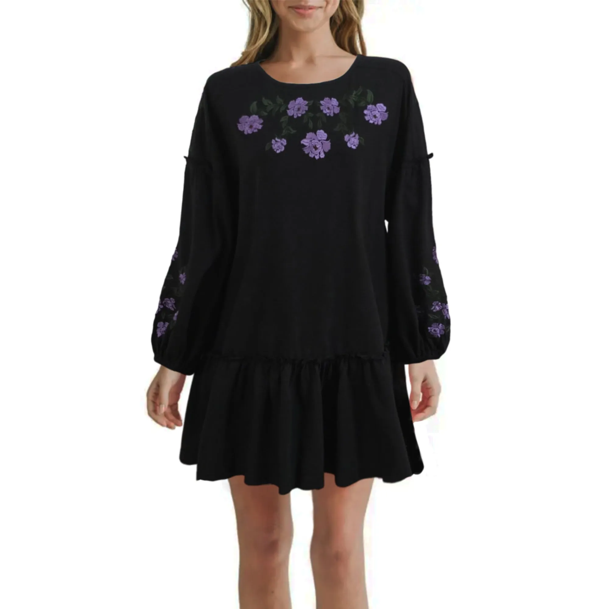 ASOS Women's Floral Embroidery Balloon Sleeve Ruffle Hem Mini Dress