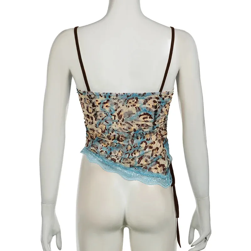 Asymmetrical Vintage Sexy Lace Top Camisole Drawstring Y2K Aesthetic Party Summer Crop Tops Women Leopard Transparent