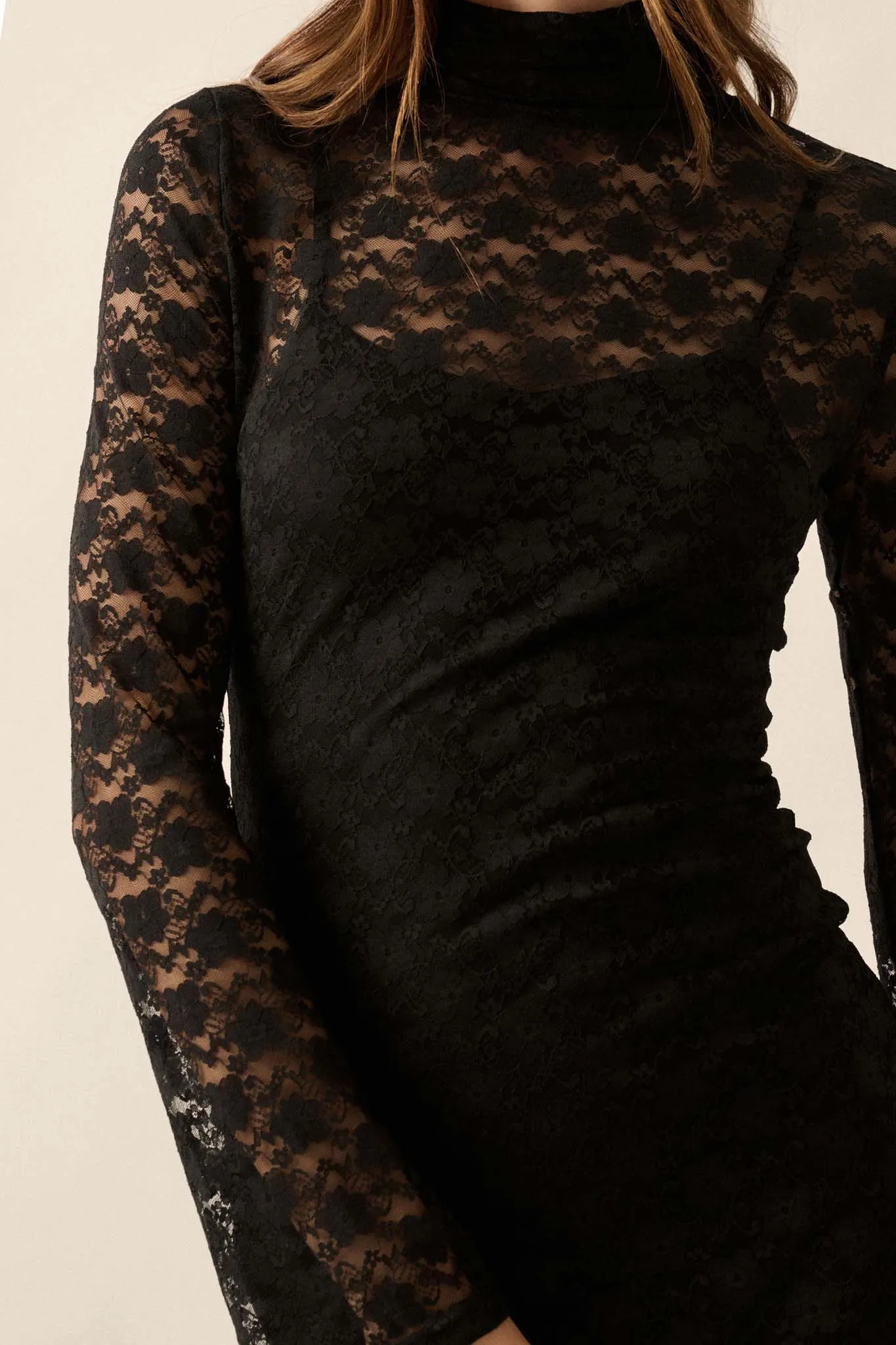 Black Honey Floral Lace Mock-Neck Midi Dress