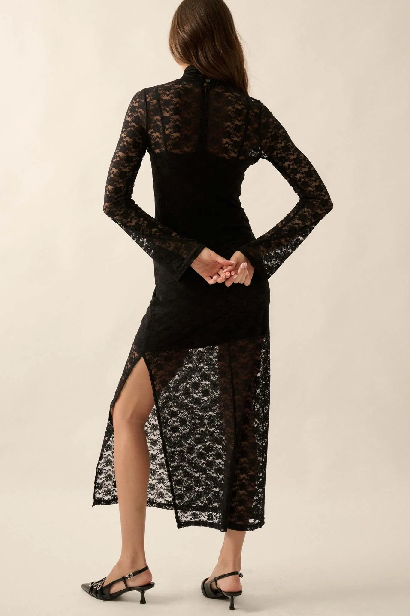 Black Honey Floral Lace Mock-Neck Midi Dress
