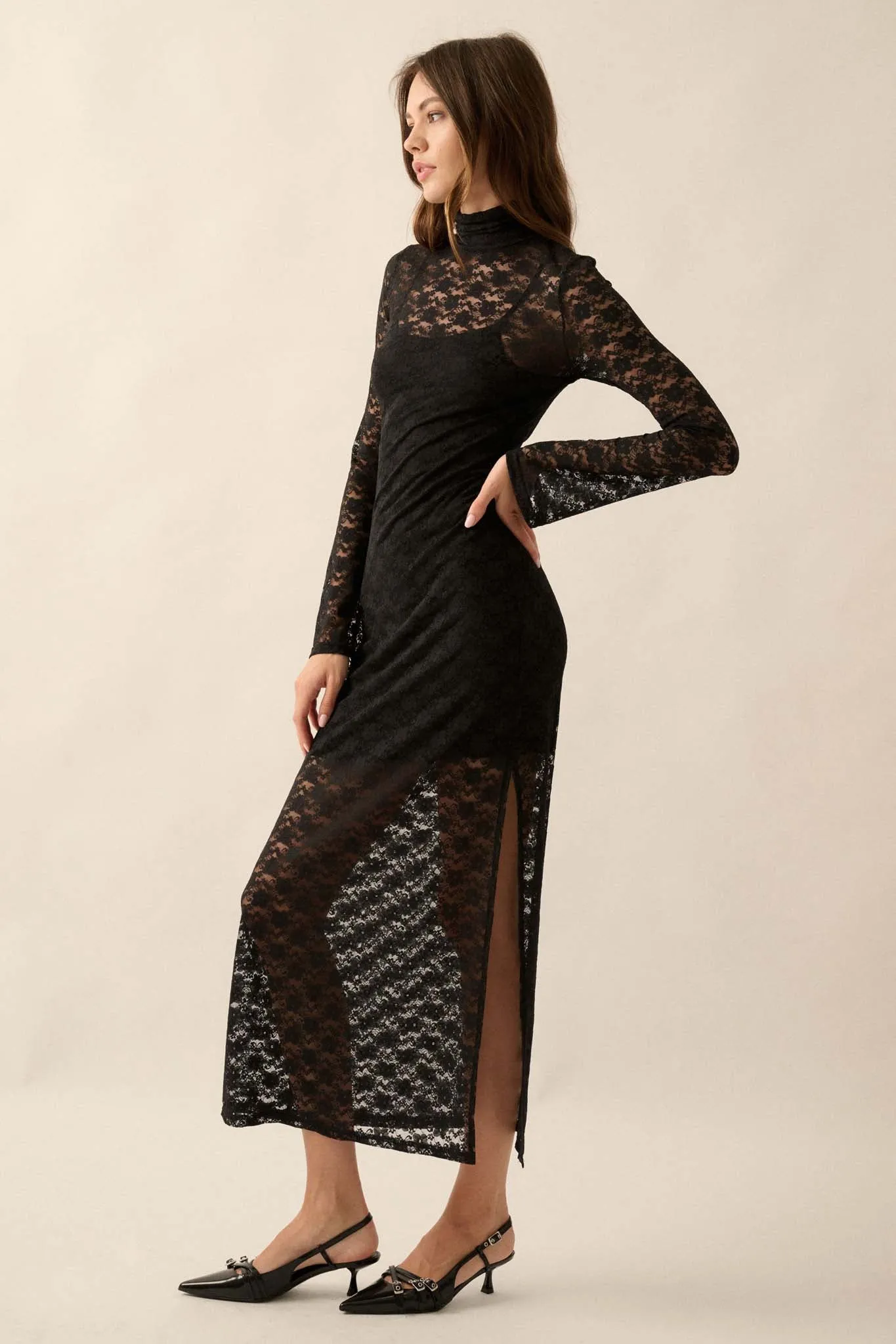 Black Honey Floral Lace Mock-Neck Midi Dress