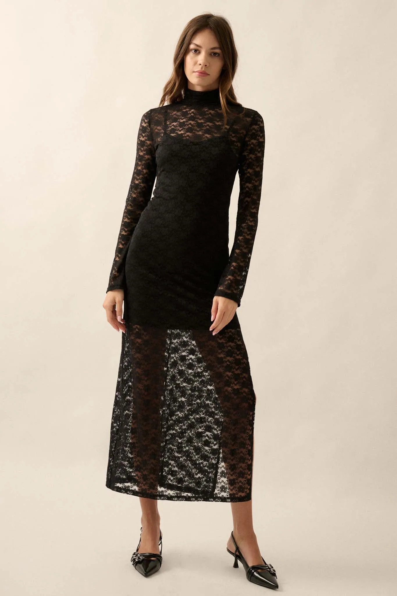 Black Honey Floral Lace Mock-Neck Midi Dress