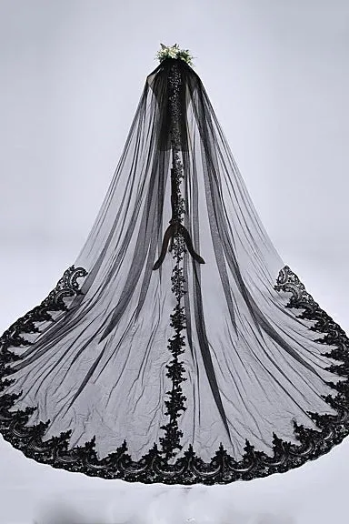 Black Wedding Veil One-tier Lace Applique Edge Bridal Chapel Veils OV10