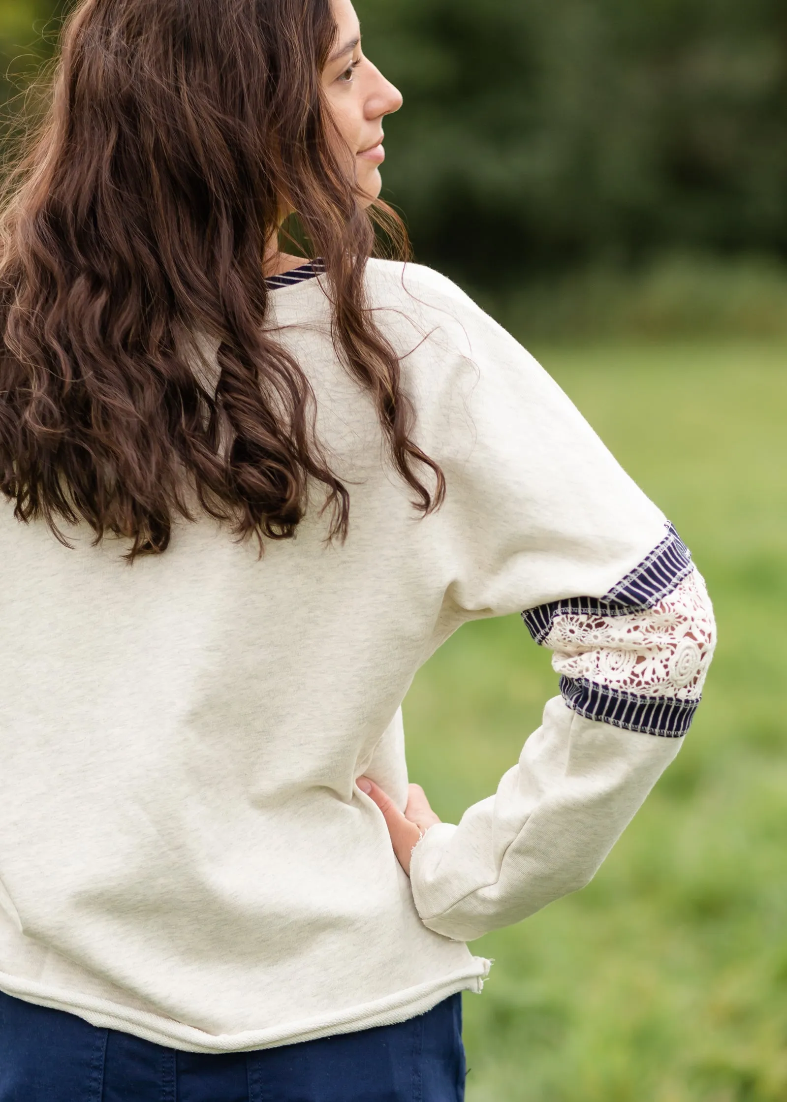 Boat Neck Crochet Lace Sleeve Sweatshirt - FINAL SALE