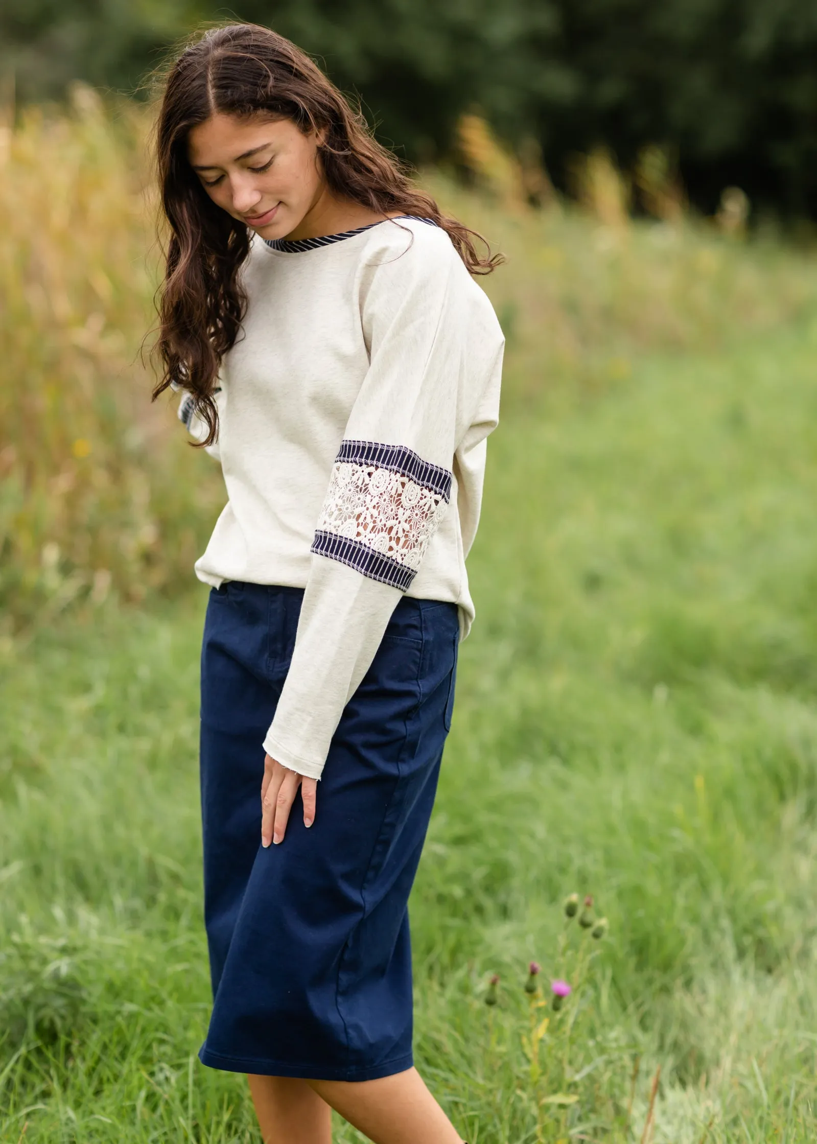 Boat Neck Crochet Lace Sleeve Sweatshirt - FINAL SALE