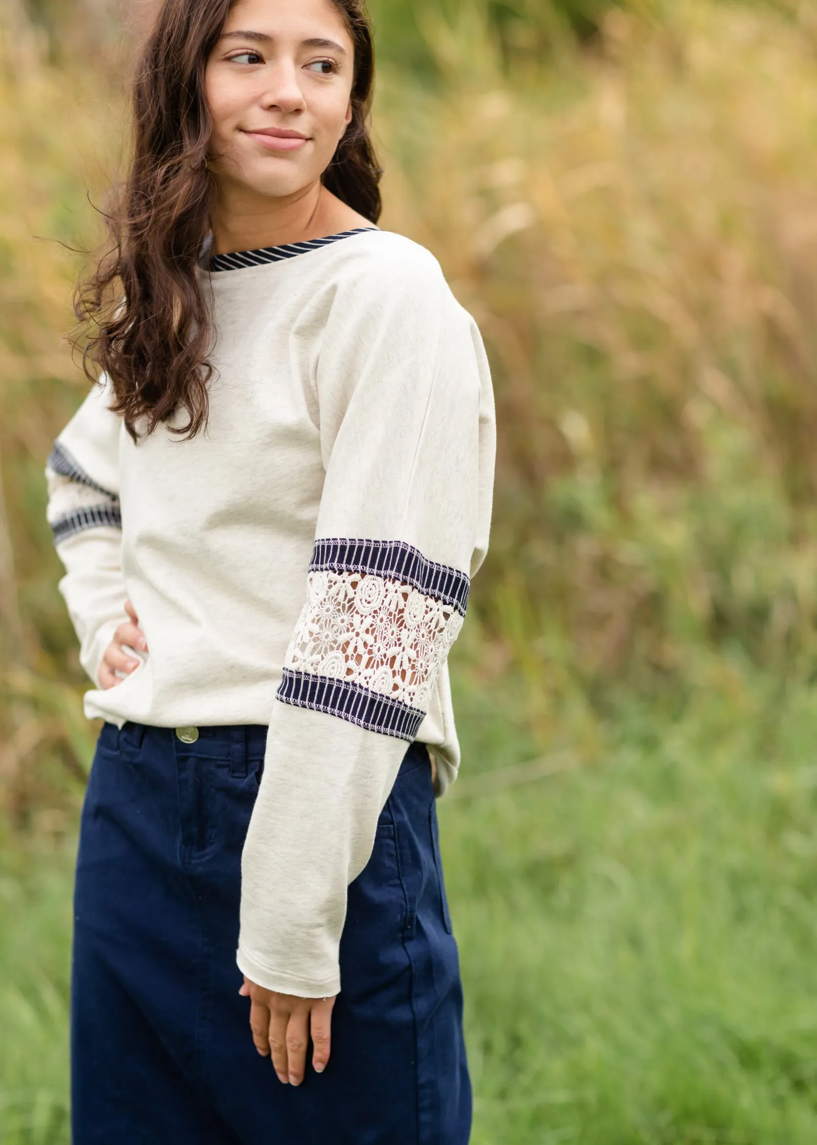 Boat Neck Crochet Lace Sleeve Sweatshirt - FINAL SALE