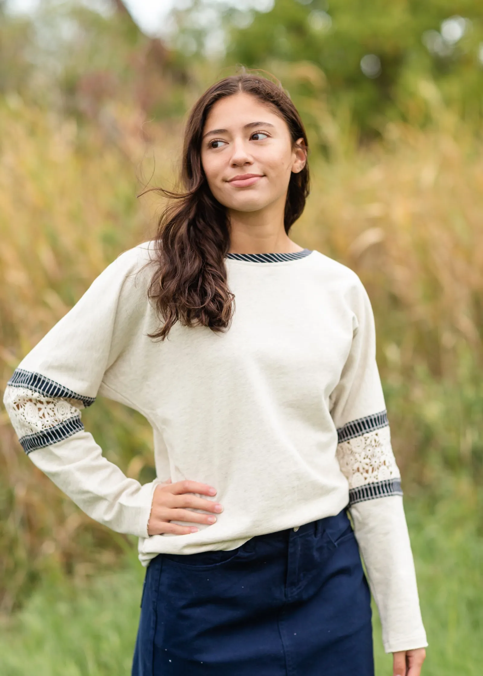 Boat Neck Crochet Lace Sleeve Sweatshirt - FINAL SALE