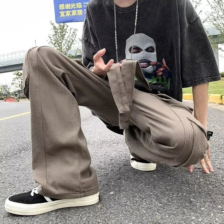Bonsir boy outfits Trendy Casual Pants Pants Youth Popular Men's Solid Color Fashion Straight Spring Loose Overalls Mid Waist