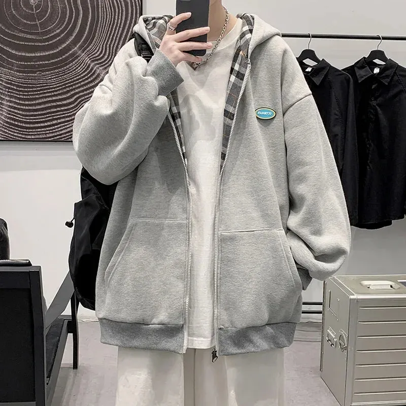 BONSIR  -  Men's Zipper Hoodies Autumn Casual Loose Hooded Sweatshirt Korean Style Streetwear Cardigan Outwear