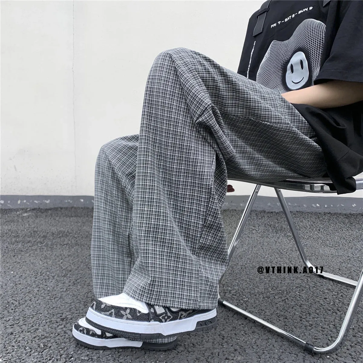 BONSIR  -  Summer/Autumn Plaid Pants Men Loose Casual Straight Trousers for Male/Female Harajuku Hip-hop Streetwear Wide-leg Mopping Pants