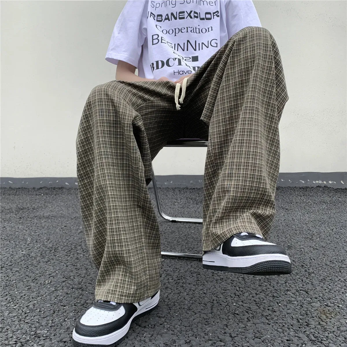 BONSIR  -  Summer/Autumn Plaid Pants Men Loose Casual Straight Trousers for Male/Female Harajuku Hip-hop Streetwear Wide-leg Mopping Pants