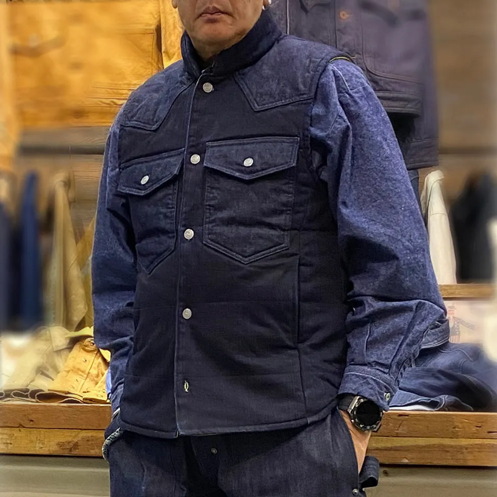 BZEN M.3009 CARLOS-CBI REGULAR FIT 4 POCKET 2 TONE DENIM COMBO DENIM QUILTED VEST-8OZ-E0 INDIGO