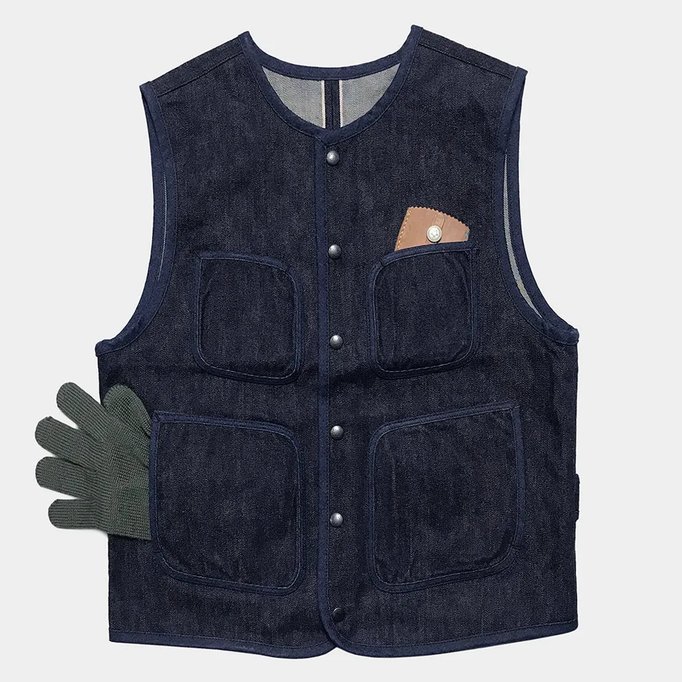 BZEN M.3203-SILAS REGULAR FIT ROUND NECK VEST-17oz-SELVEDGE-LOOMSTATE-RAW INDIGO