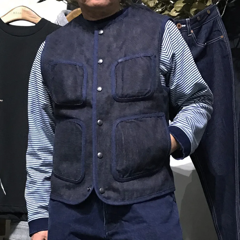 BZEN M.3203-SILAS REGULAR FIT ROUND NECK VEST-17oz-SELVEDGE-LOOMSTATE-RAW INDIGO