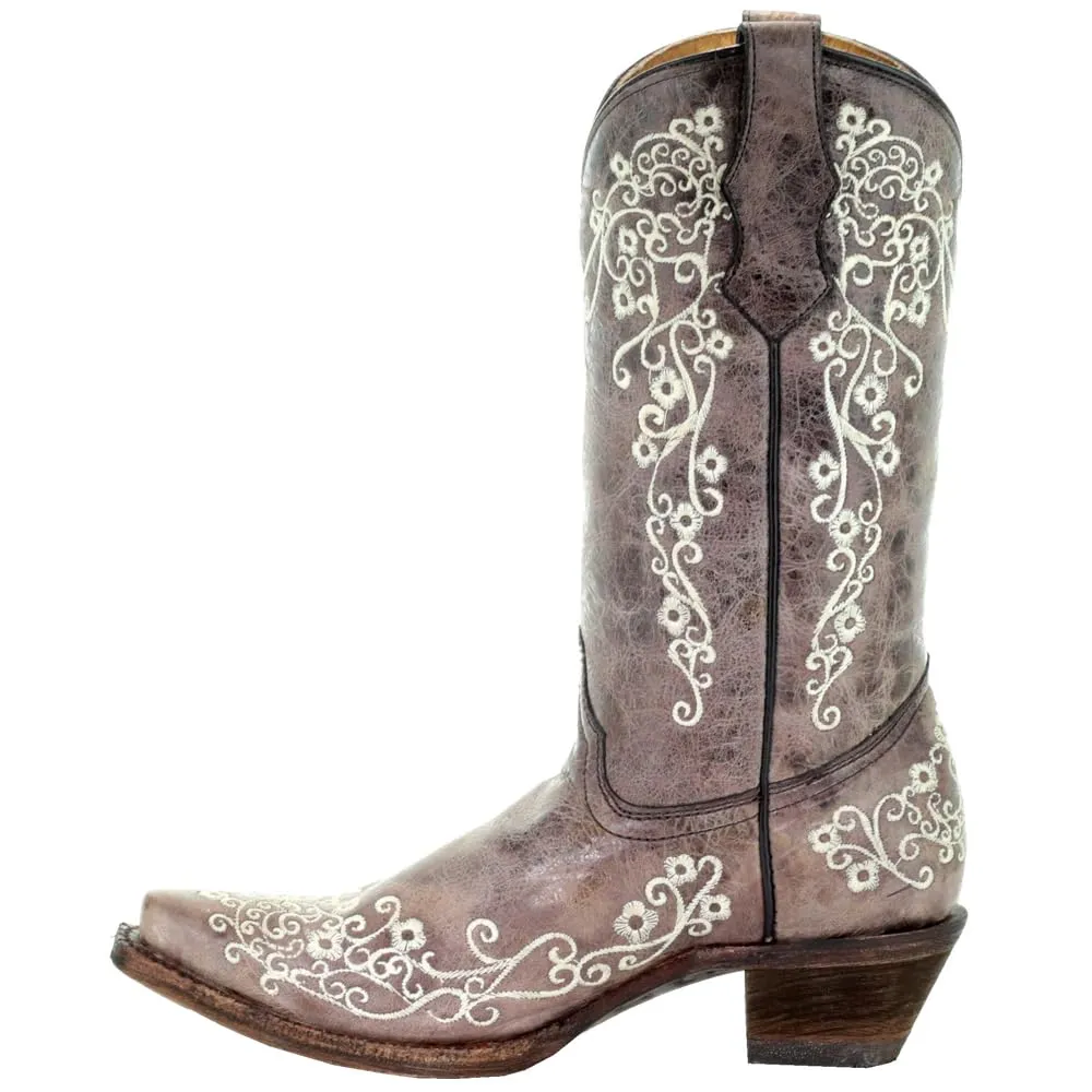 Corral Youth 10" Brown & Bone Embroidery Snip Toe Cowgirl Boot