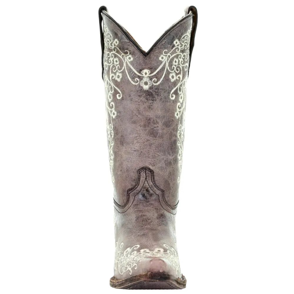 Corral Youth 10" Brown & Bone Embroidery Snip Toe Cowgirl Boot
