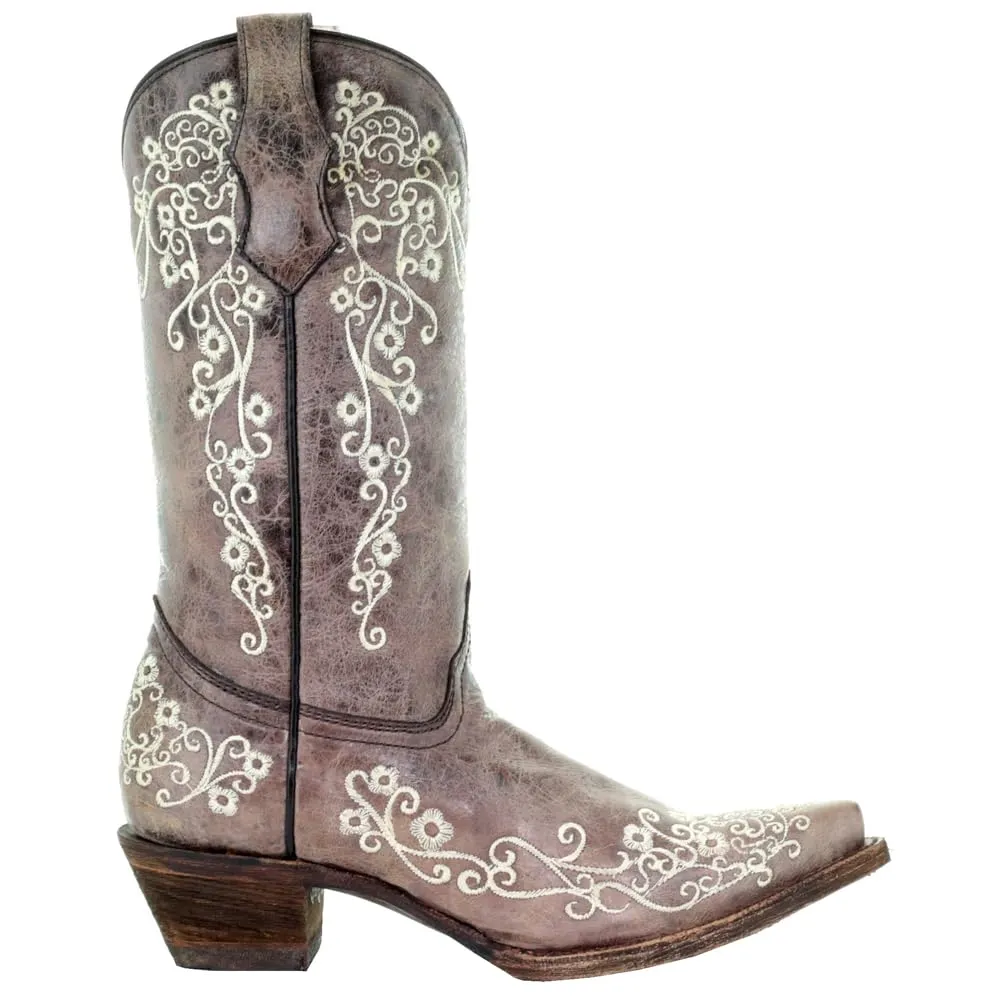 Corral Youth 10" Brown & Bone Embroidery Snip Toe Cowgirl Boot