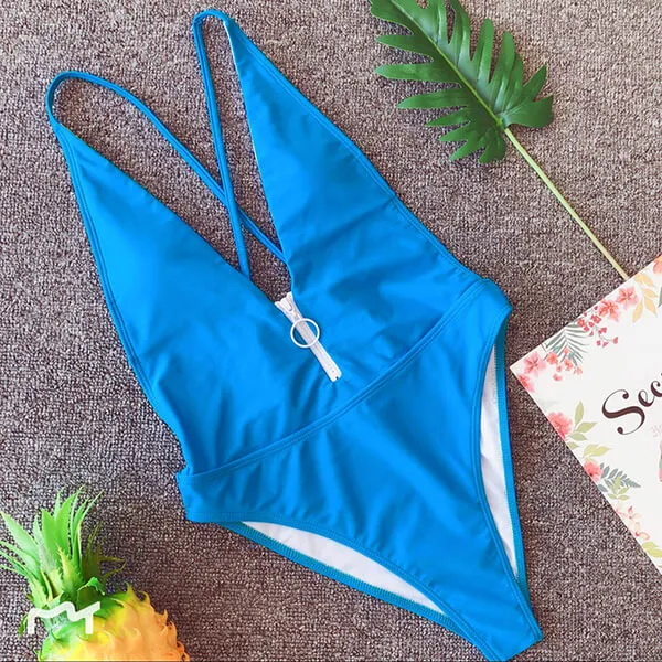 Deep Cut V Neck Zip Detail One Piece Jessie