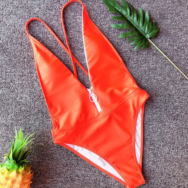 Deep Cut V Neck Zip Detail One Piece Jessie