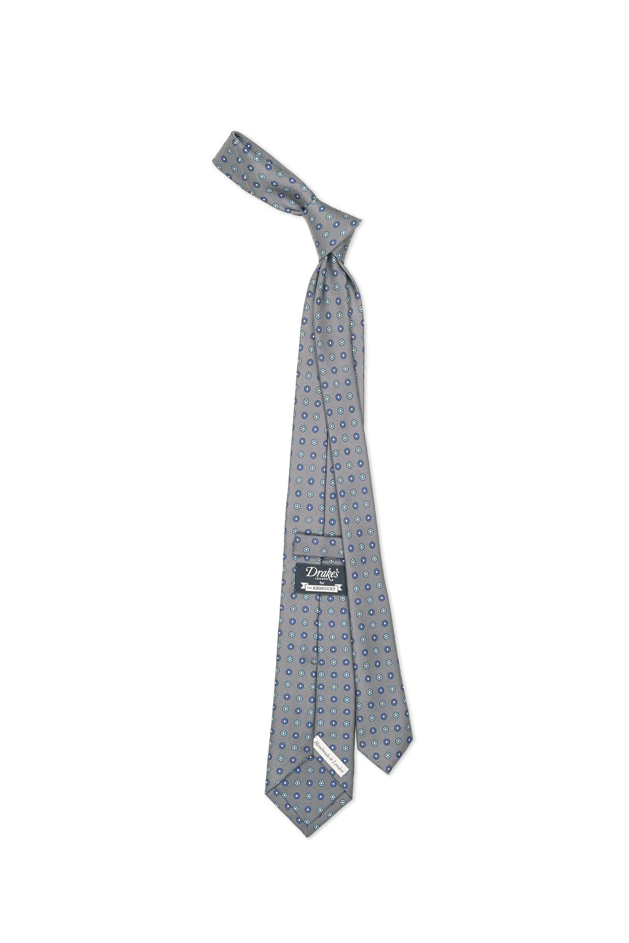 Drake's Grey with Blue Flower Pattern Silk Tie