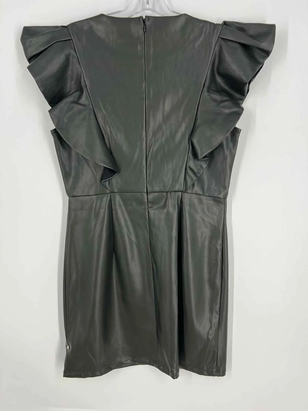 En Saison Size L Olive Ruffles Faux Leather NEW Designer Dress