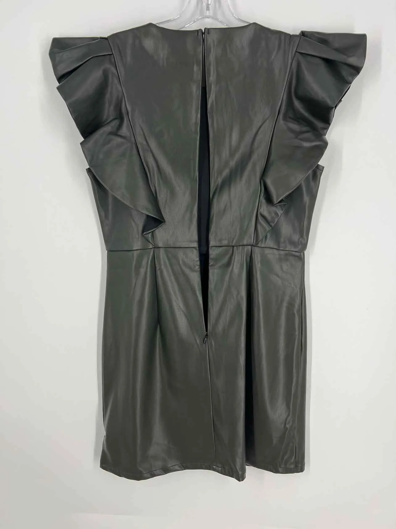 En Saison Size L Olive Ruffles Faux Leather NEW Designer Dress