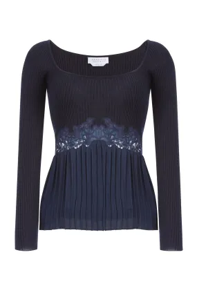 Fini Lace Top in Navy Silk Crepe
