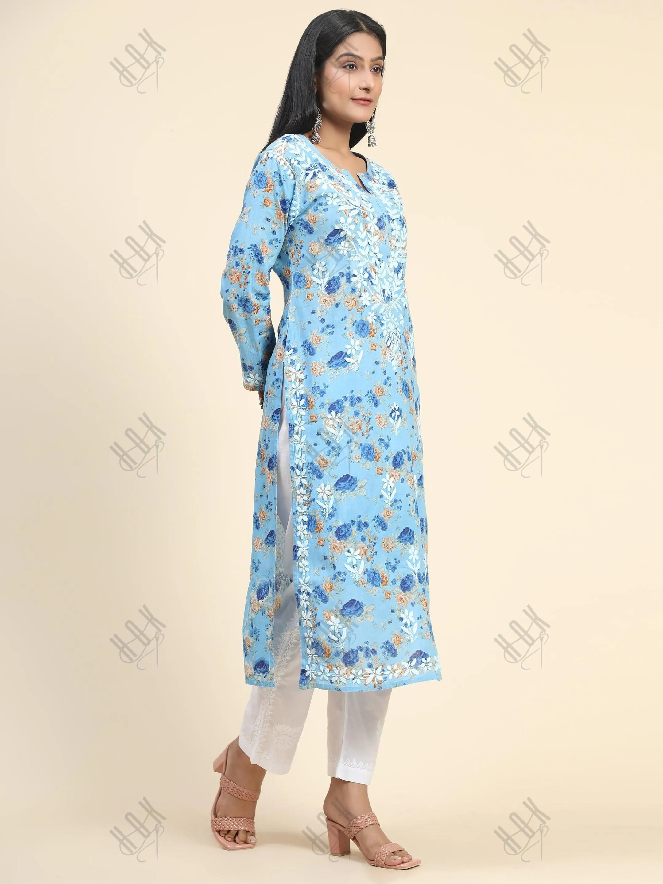 Fizaa Mul Printed  Hand Embroidery Chikankari Kurta- Blue