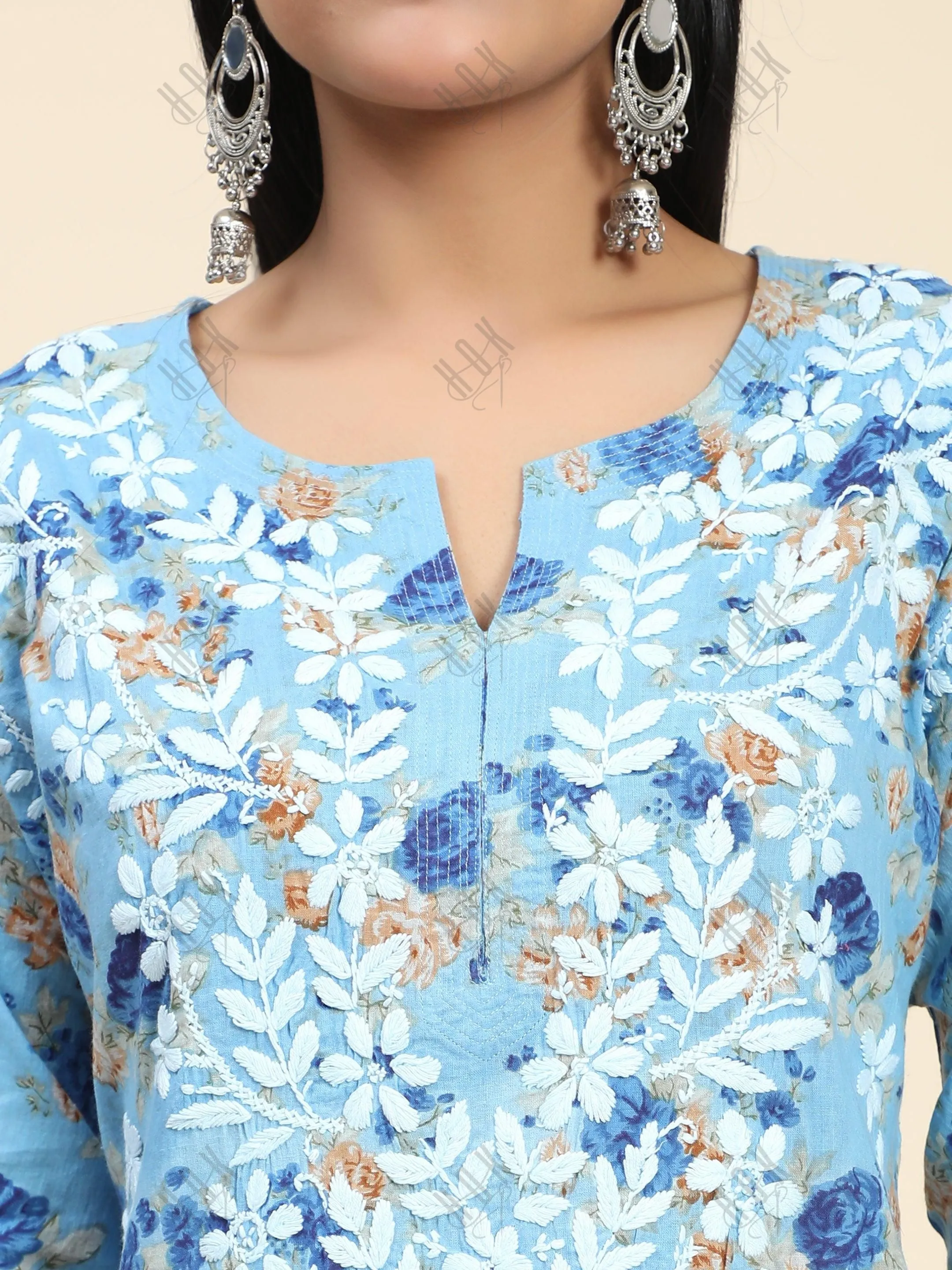 Fizaa Mul Printed  Hand Embroidery Chikankari Kurta- Blue