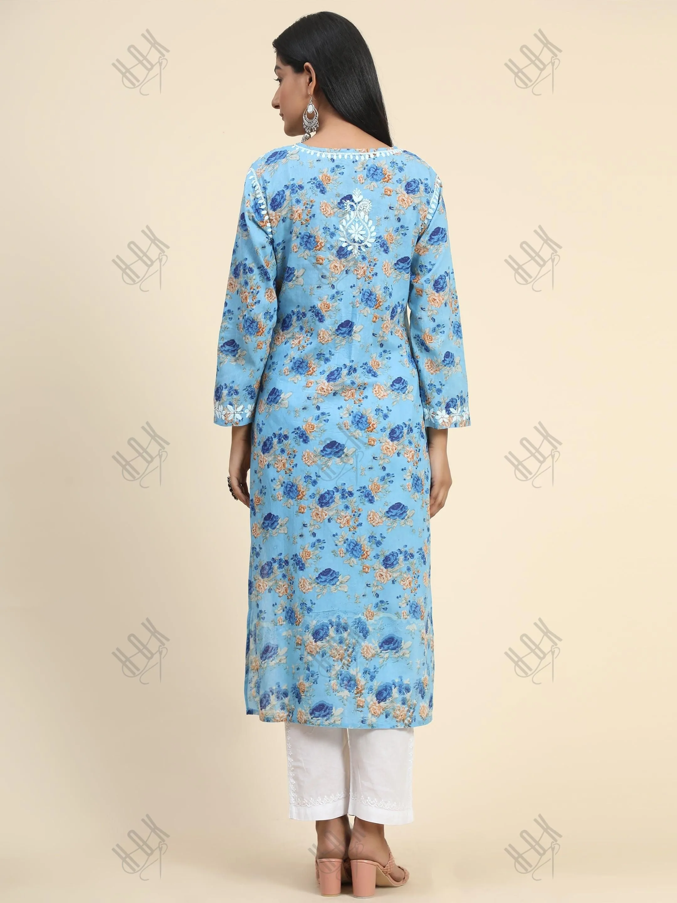 Fizaa Mul Printed  Hand Embroidery Chikankari Kurta- Blue